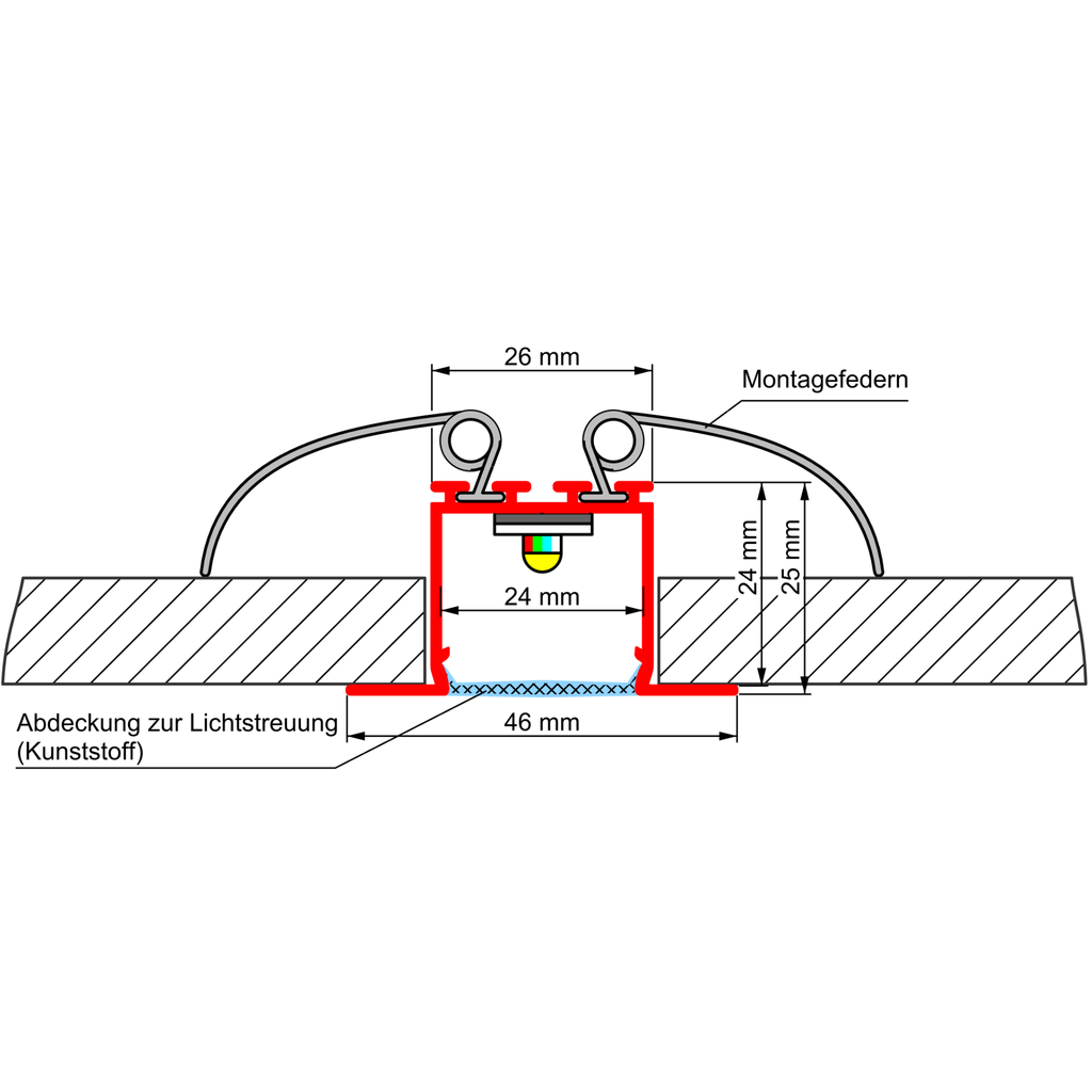 Lineares Aluprofil S 24, 2m lang, zum Bau schmaler Lichtschlitze in Gipskartonwände und -decken