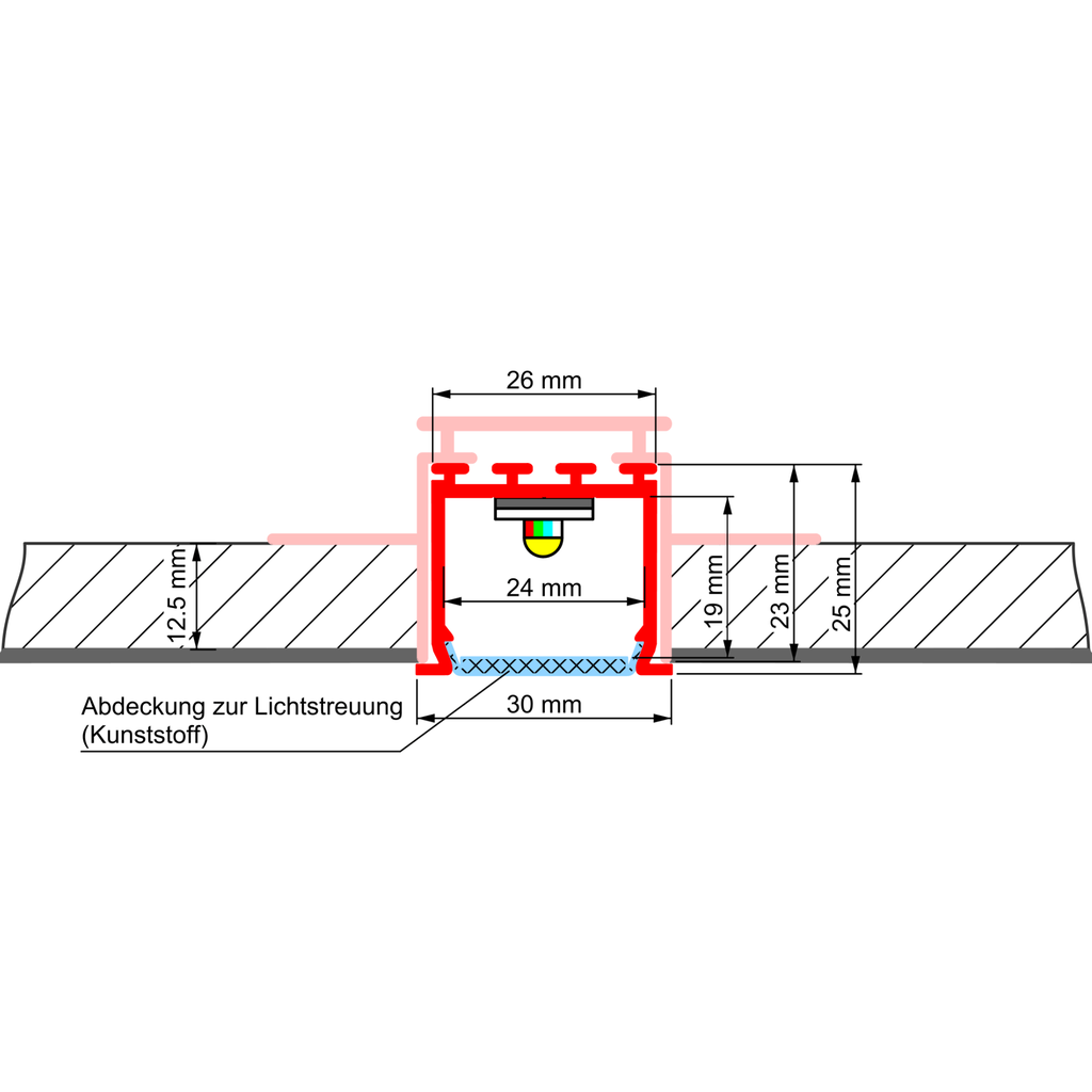 Lineares Aluprofil M 24, 2m lang, zum Bau schmaler Lichtlinien in Gipskartonwände und -decken in Verbindung mit dem M 28 Profil