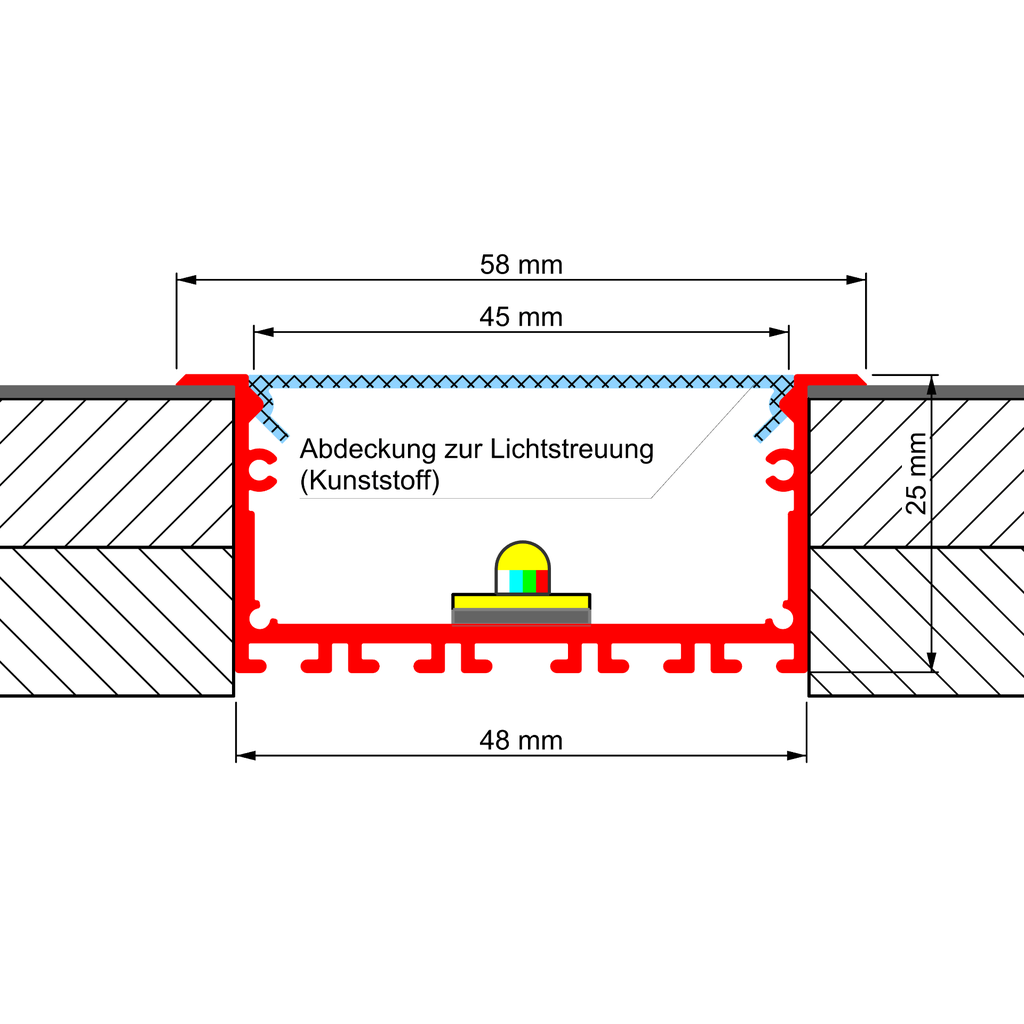 Aluprofil PEP 23-1, für den Bau schmaler Lichtlinien in Gipskartonwänden und -decken, 2m lang | silber eloxiert