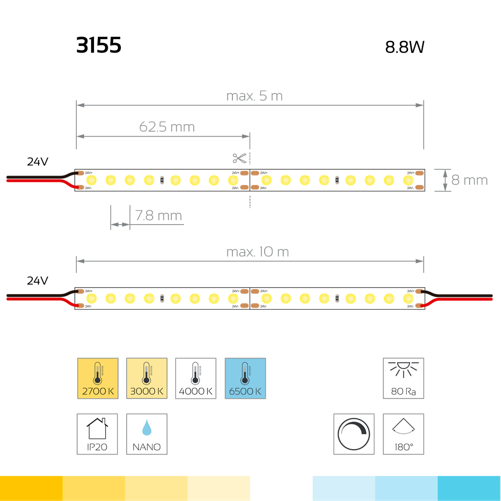 LED-Lichtband white Star, 128 LEDs/m Ra 80+, 180° Abstrahlung, 8,8W, endlos gefertigt ohne Lötstellen