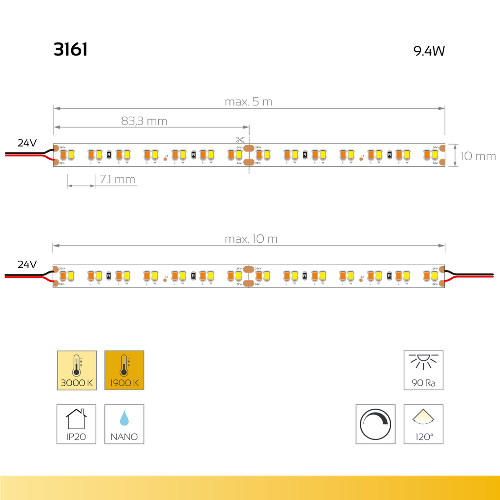 LED-Lichtband White 3000K DTW - Candlelight dimming > 1900K, 24V, 9,4W, 10mm breit - wärmeres Licht beim dimmen