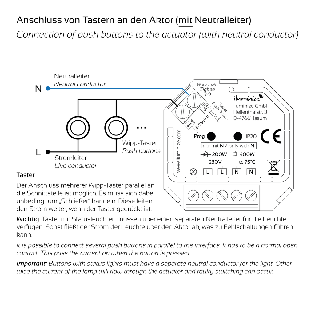 Zigbee 3.0 Aktor Mini für Taster, 200W / 400W für 230V Lampen | Schwarz