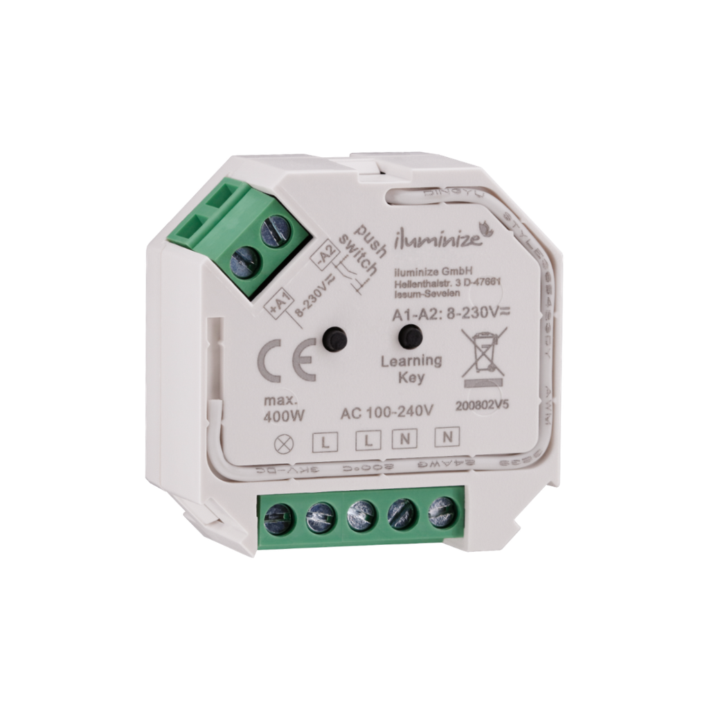 Funk Aktor Mini für Taster, 200W / 400W für 230V Lampen die per Phasenabschnitt dimmbar sind | Weiß